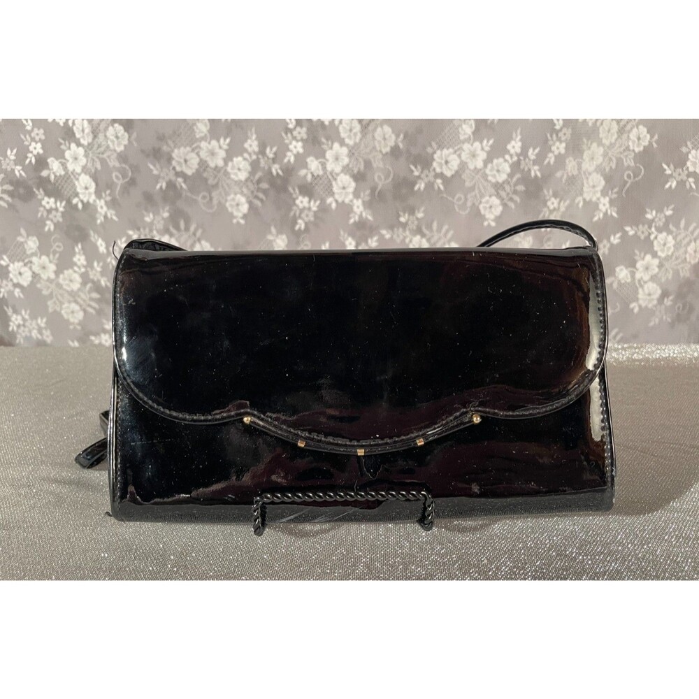 Vintage 80s Black Patent Purse 1980s Retro New Wave Goth Punk Chic Crossbody Bag